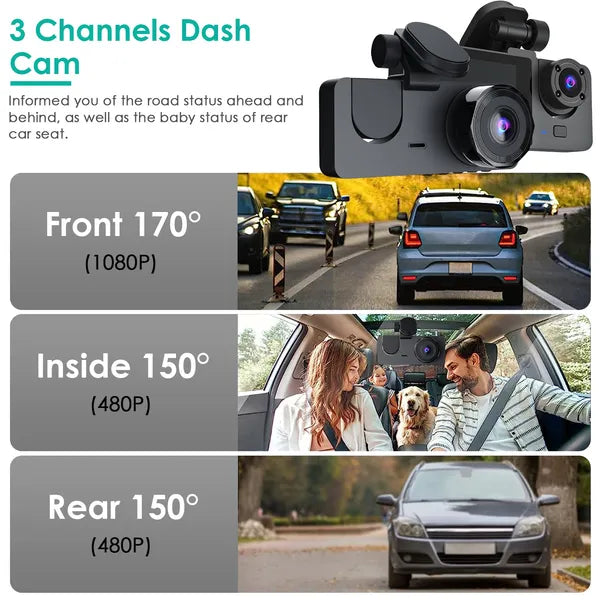 3 Channel Dash Cam Front Inside Rear Vehicle Driving Recorder Car DVR With 32G MMC Card G Sensor Motion Detection Parking Monitor Night Vision Loop Recording - 5 - CJ