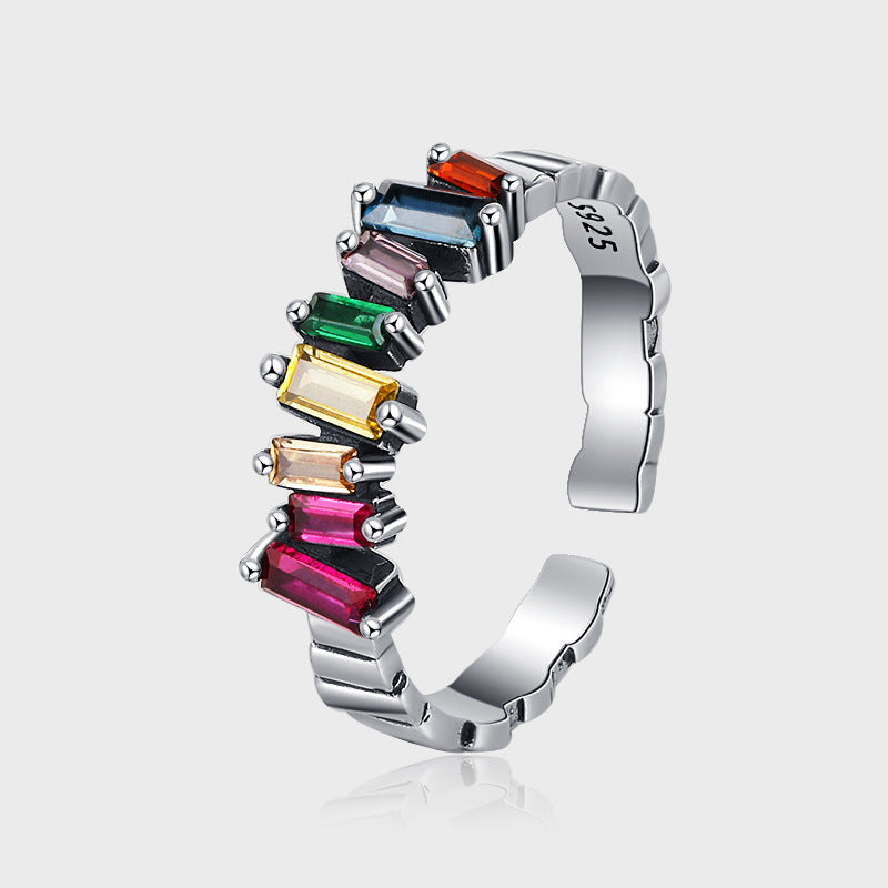 S925 Sterling Silver Colorful Ladder Zircon Ring Women's Irregular Inlay Women's - 4 - CJ