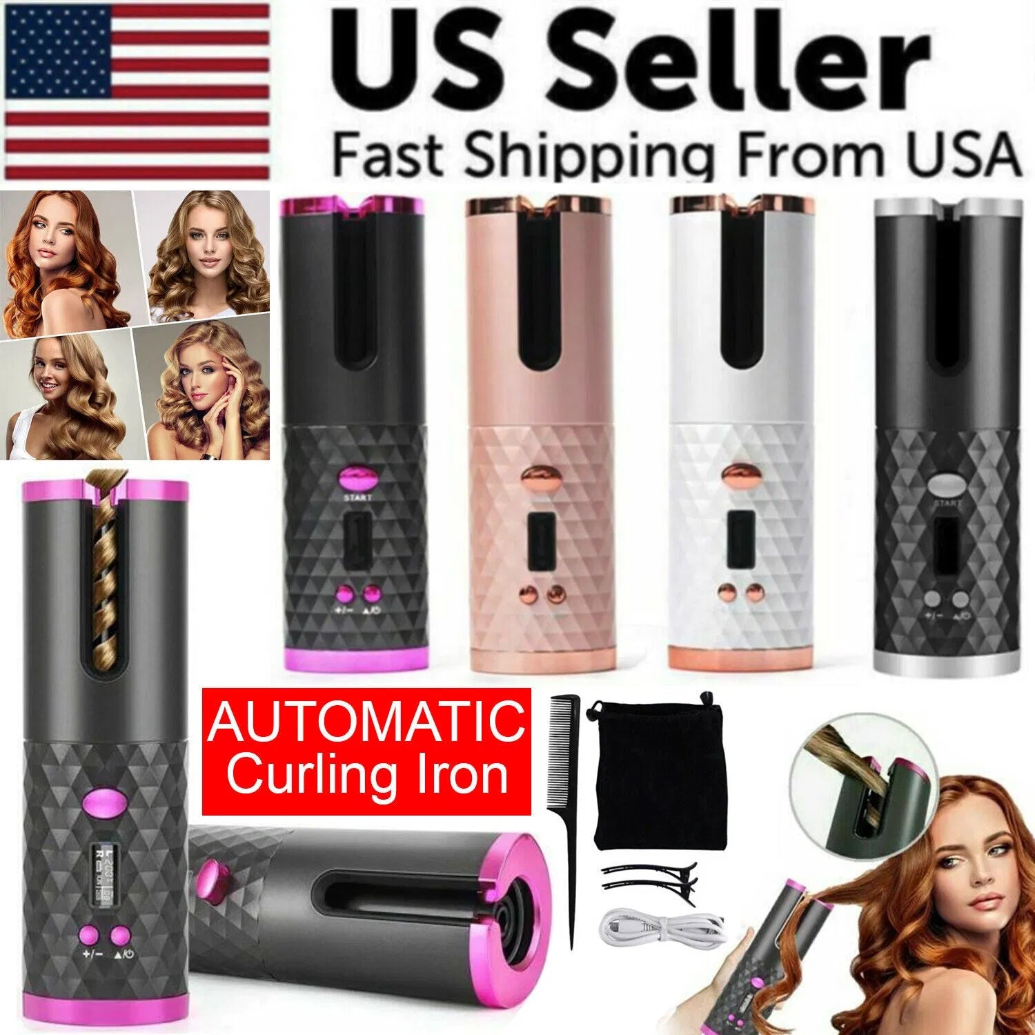 Hair Curler LCD Cordless Auto Rotating Waver Curling Iron Ceramic Wireless USA - 5 - CJ