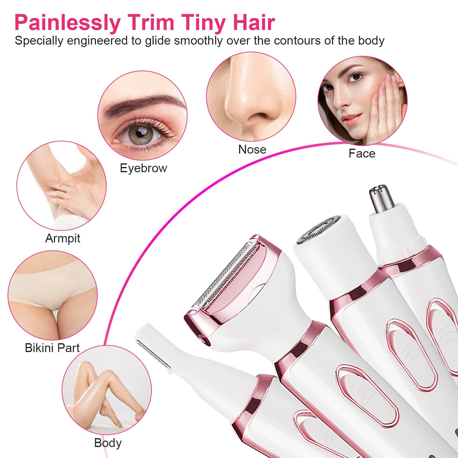 1Pc 4 In 1 Electric Razor For Women Painless Grooming Kit Rechargeable Eyebrow Nose Hair Pubic Hair Bikini Trimmer Face Shaver - 5 - cjdropshipping