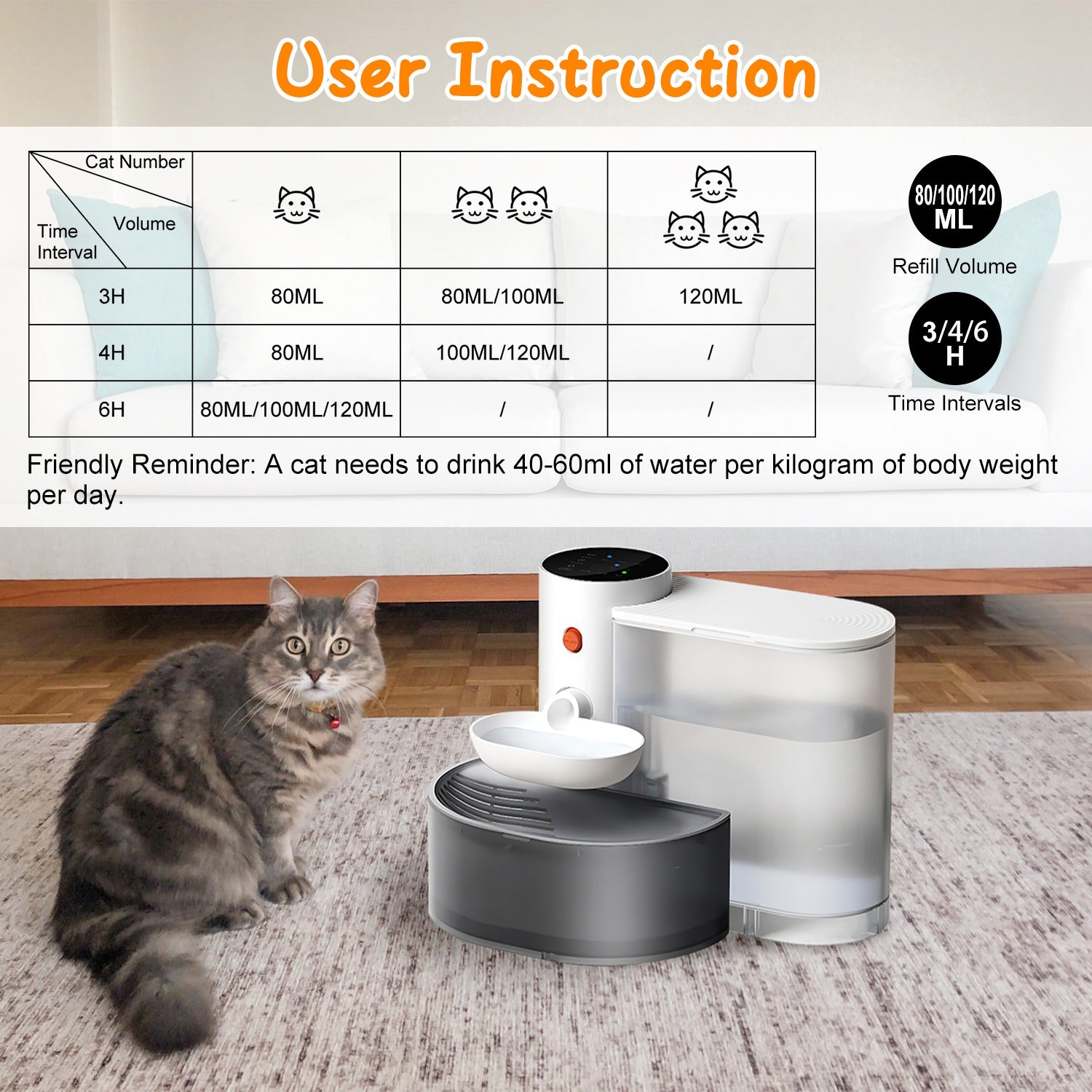 1Pc Smart Pet Water Fountain Automatic Cat Water Dispenser 3L Cordless Rechargeable Dog Water Fountain Self - Refill With 3 Adjustable Volume 3 Time Intervals Touch Control - 5 - CJ