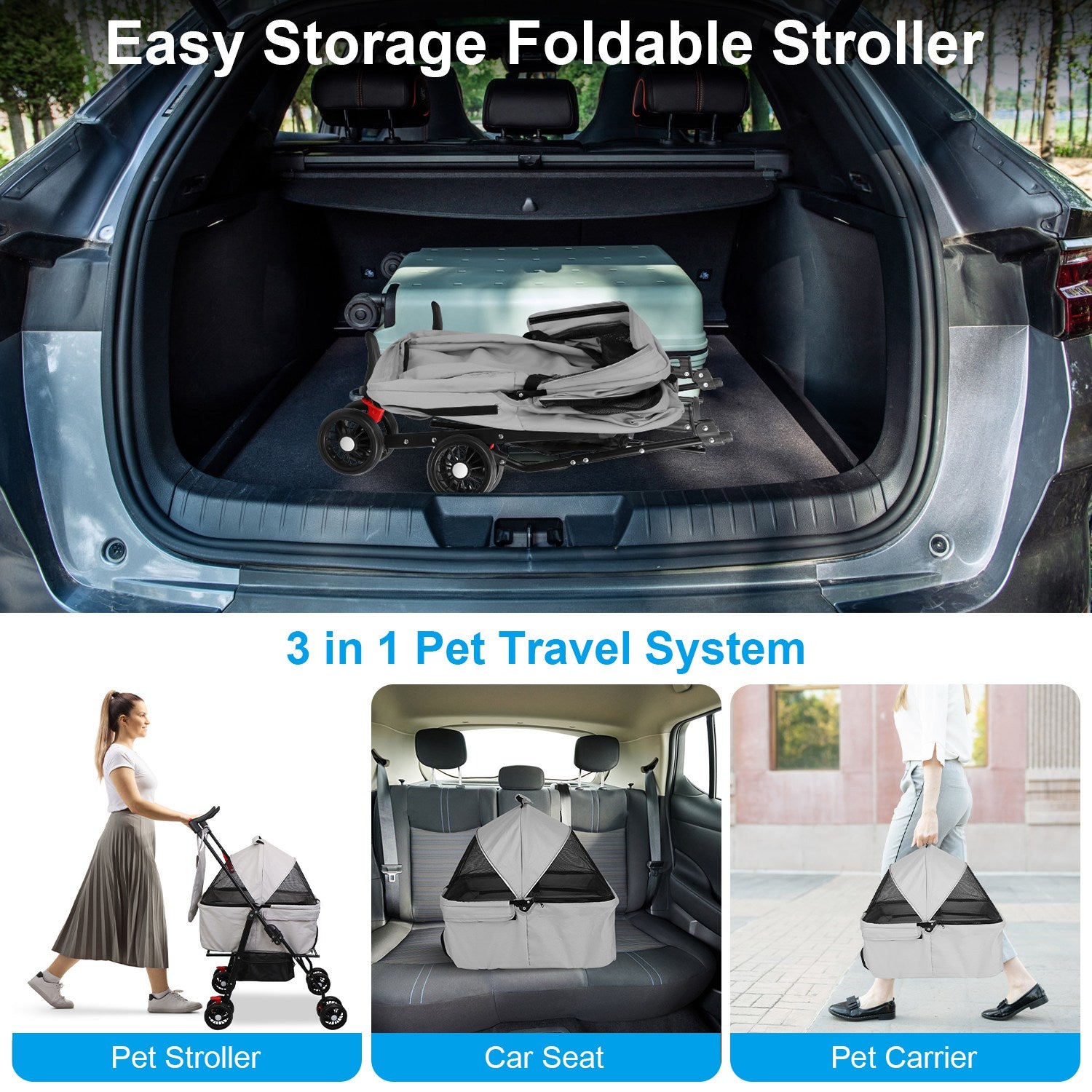 1Pc 4 - Wheels Pet Stroller Foldable Carrier Strolling Cart Travel Jogger Pet Stroller With Removable Liner Storage Basket For Dog Cat - 5 - CJ