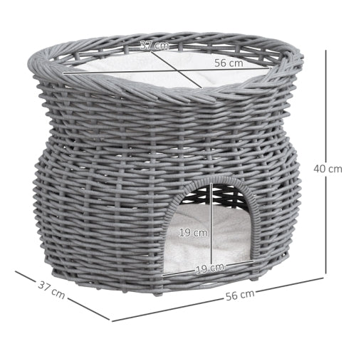 PawHut 2 - Tier Wicker Cat House Elevated Pet Bed Basket Willow Kitten Tower Pet Den. With Washable Cushions 56x37x40cm Grey - 5 - CJ