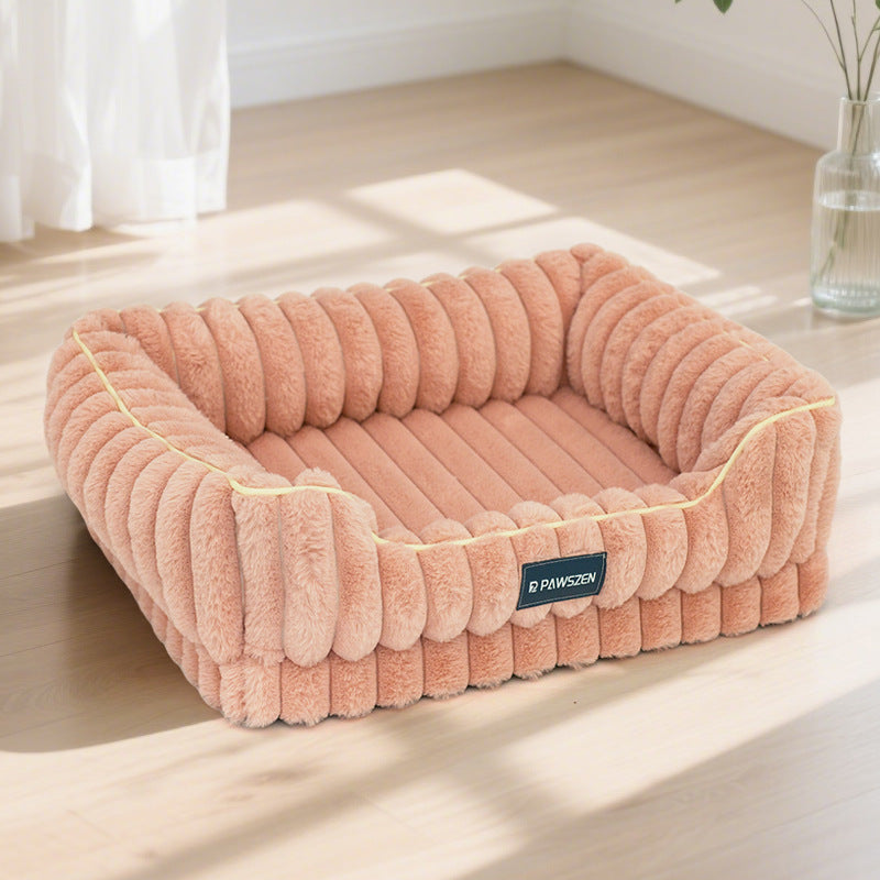 Striped Rabbit Fur Pet Bed Large Square Kennel - 0 - CJ