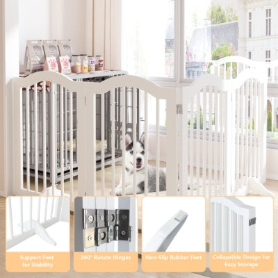 27.6 Height Tall Freestanding Pet Gate, 4 Panels Foldable Dog Gate, Solid Wood Folding Safety Fence Wooden Dog Gate With 2 Pcs Support Feet Ideal For Stairs, Doorways, Halls, Kitchens, Heavy Duty Gat - 5 - CJ