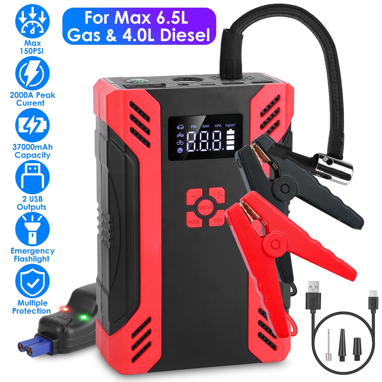 1Pc Car Jump Starter With Air Compressor Portable Car Battery Booster With Digital Tire Inflator With 2000mAh Peak Current For 12V Car 6.5L Gas Or 4.0L Diesel Engines - 5 - cjdropshipping