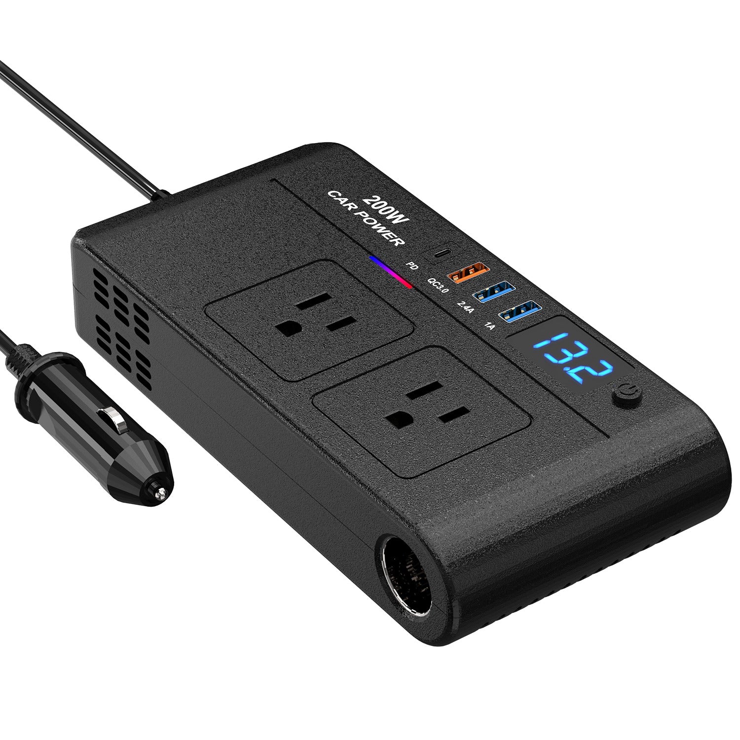 1Pc 200W 12V Car Inverter DC12V To AC110V Vehicle Power Converter With 2 110V AC Outlets 1 TypeC 3 USB Port Quick Charge Overheat Protection Voltage Display For Camping Road Trip - 5 - CJ