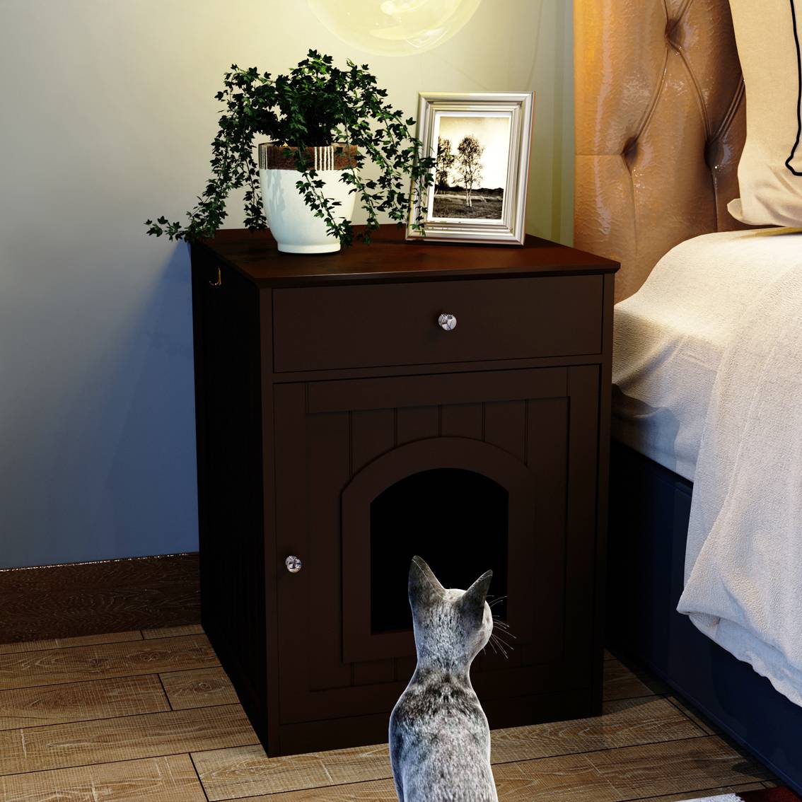 Wooden Pet House Cat Litter Box Enclosure With Drawer, Side Table Indoor Pet Crate - 5 - CJ