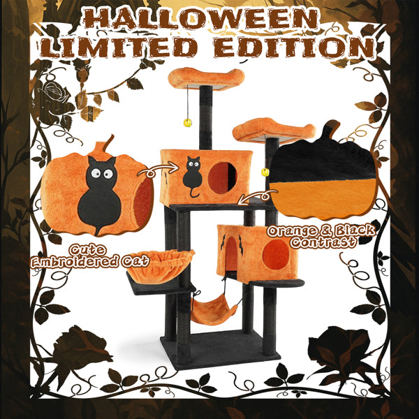 Halloween Cat Tree, Large Cat Tower With 2 Spacious Cat Condos, 2 Padded Perches, 2 Hammocks, Scratching Posts, Hanging Toy, Multi - Level Cat Activities Furniture For Large Cats, Orange & Black - 5 - CJ