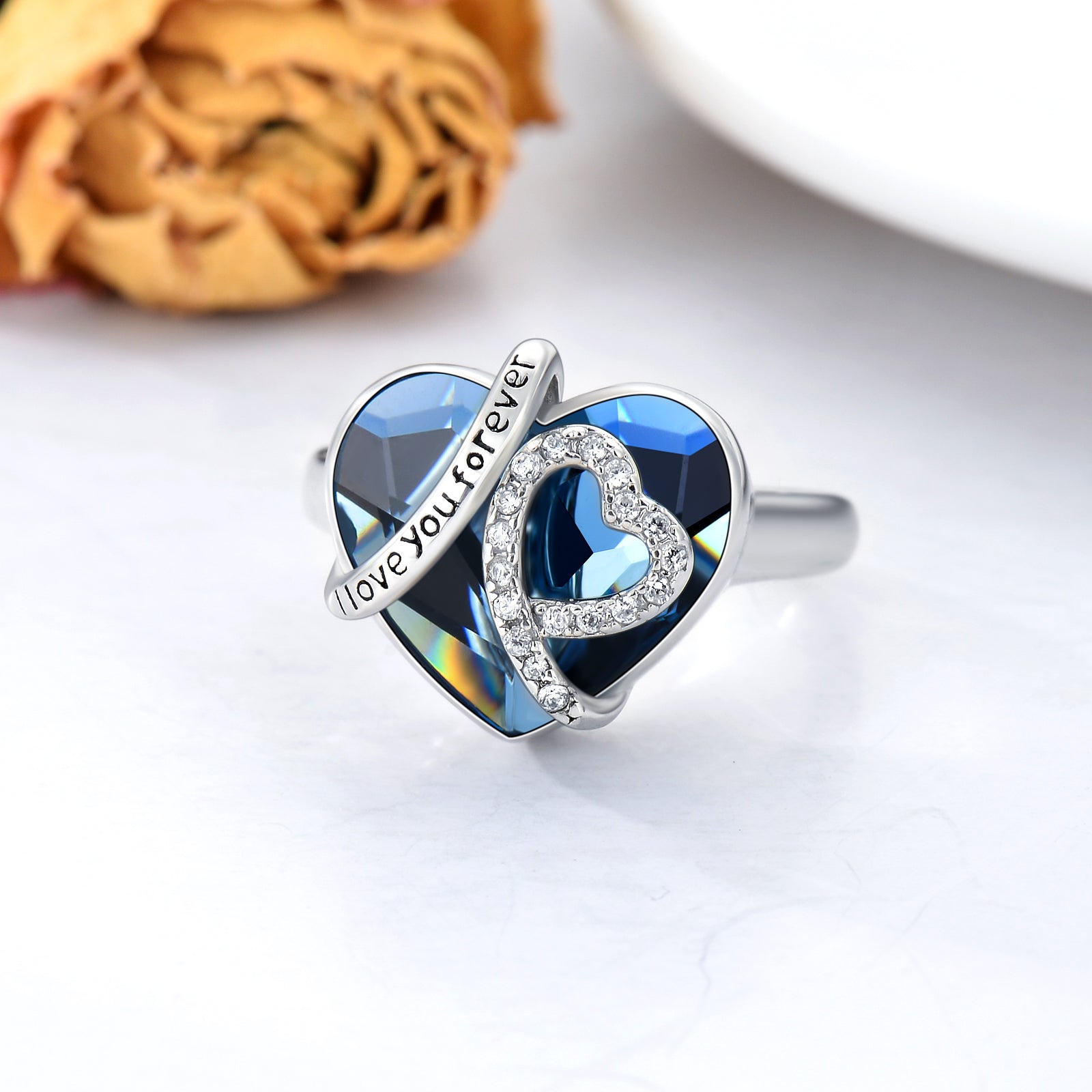 Heart Cremation Urn Ring with Crystal from Austria in White Gold Plated Sterling Silver - 5 - cjdropshipping