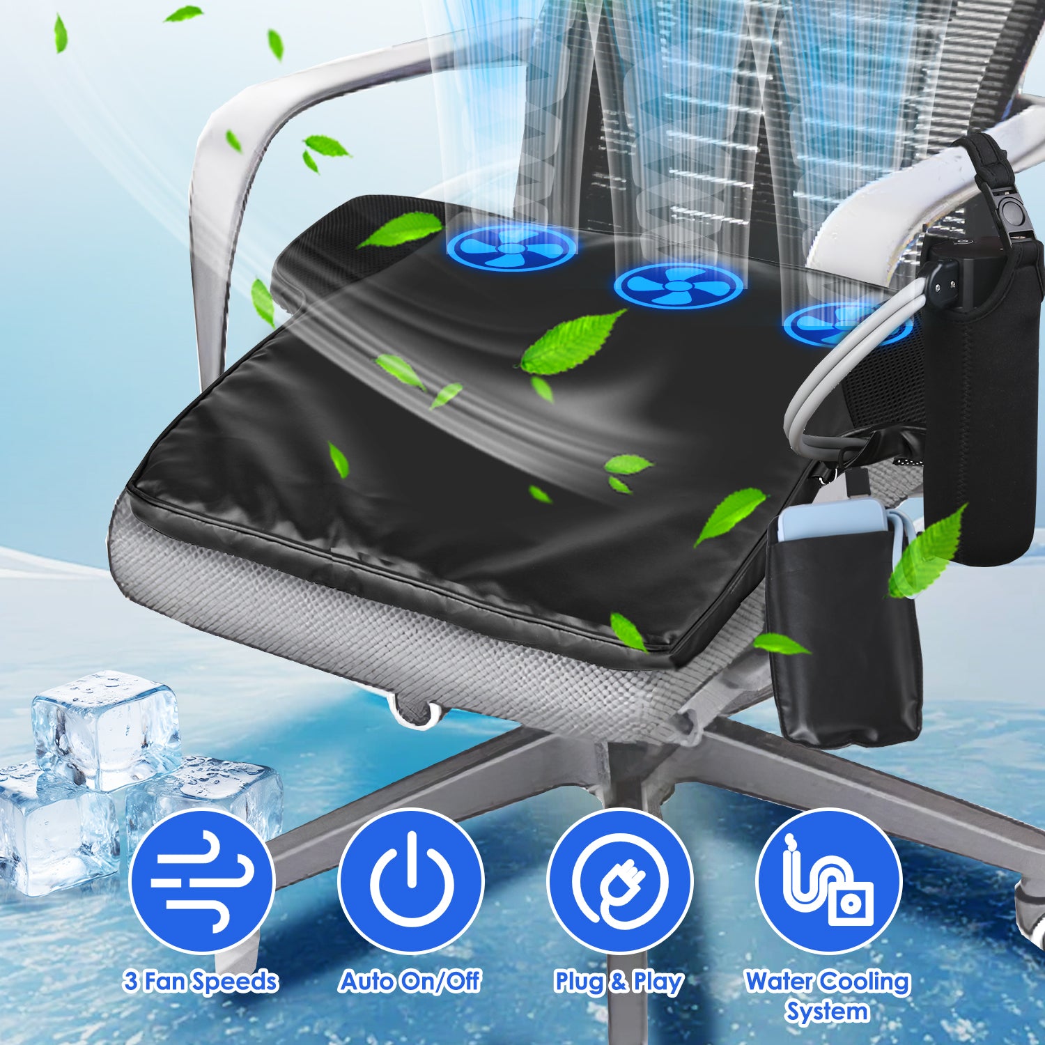 Summer Water Cooling System Seat Cushion With Fans 3 Speeds 78 Fehrenheit Constant Temperature USB Plug Portable Auto On - Off Ventilated Seat Cushion For Home Office Car - 5.0 - CJ