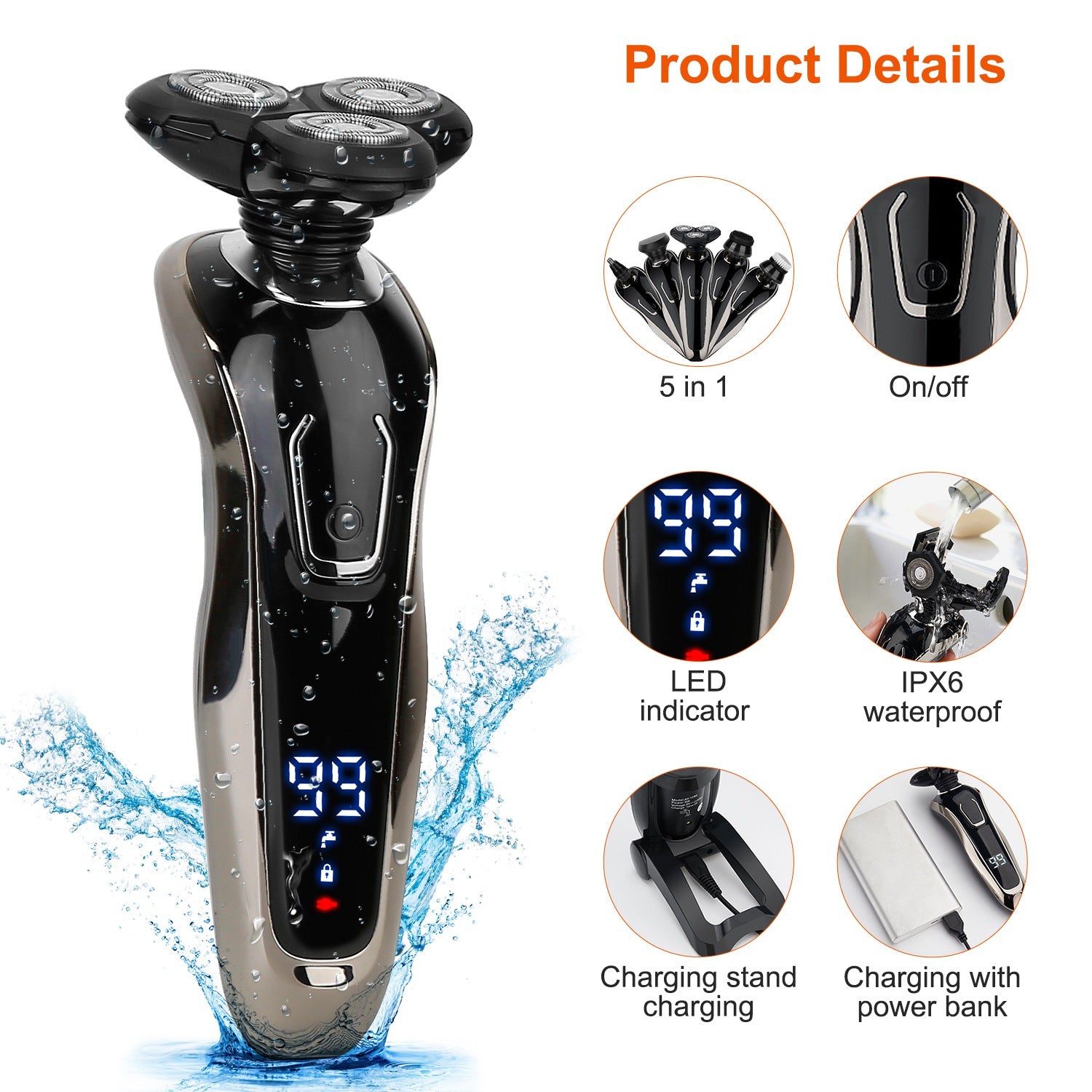 1Pack 5 In 1 Electric Razor Shaver Rechargeable Cordless Head Beard Trimmer Shaver Kit IPX6 Waterproof Dry Wet Grooming Kit - 5 - CJ