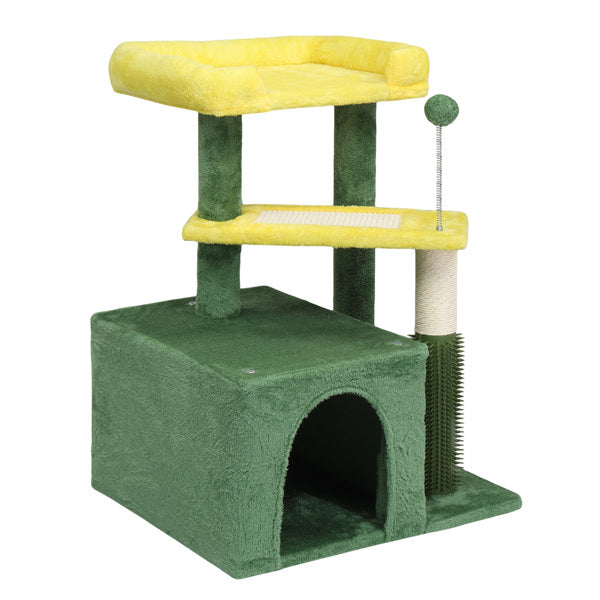 27.5in Cat Tree, Multi - level Cat Tower With Cat Scratching Post And Pad, Cozy Cat Condo, Padded Top Bed For Kittens And Indoor Cats, Yellow & Green - 5 - CJ