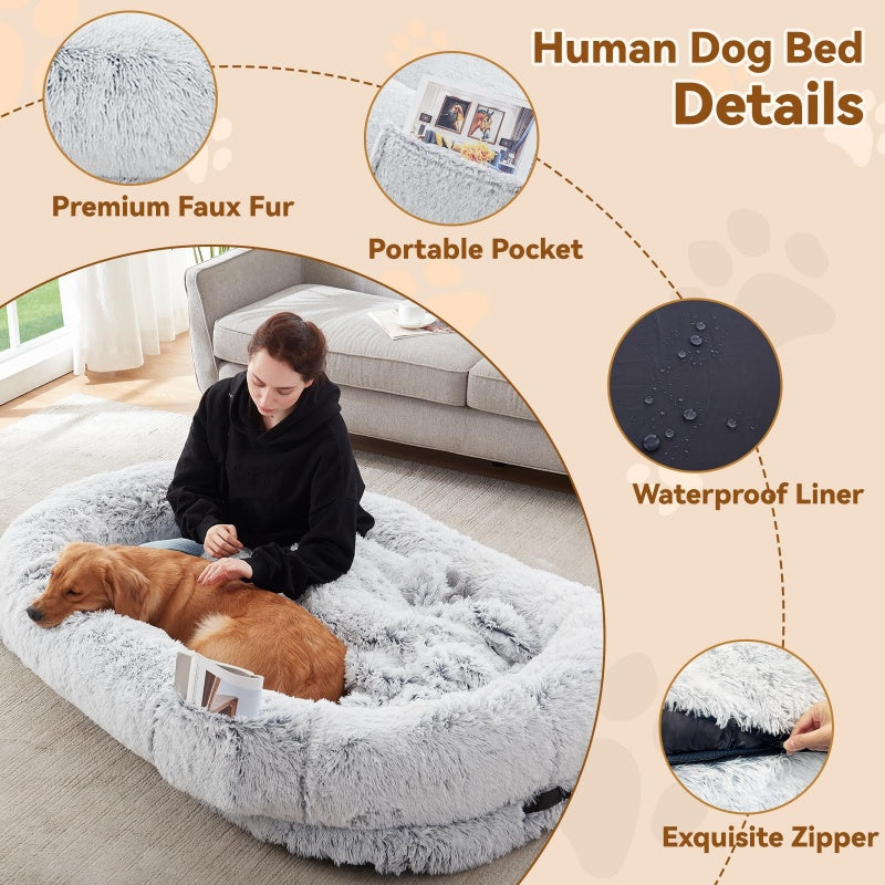 Human Dog Bed, 63''x31.4''x9.5'' Size Fits You And Pets, Washable Faux Fur Dog Bed For People Doze Off, Napping Orthopedic Dog Bed, Present Plump Pillow, Blanket, Strap - Grey - 5 - CJ