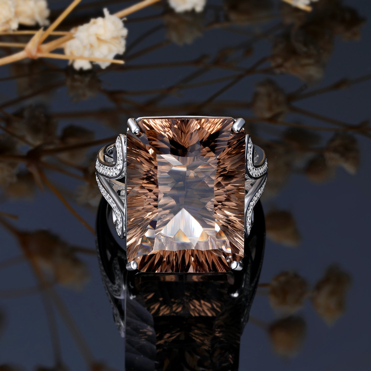Natural Tea Crystal Ring 925 Silver Set Geometric Square Smoky Crystal Ring - 4 - CJ