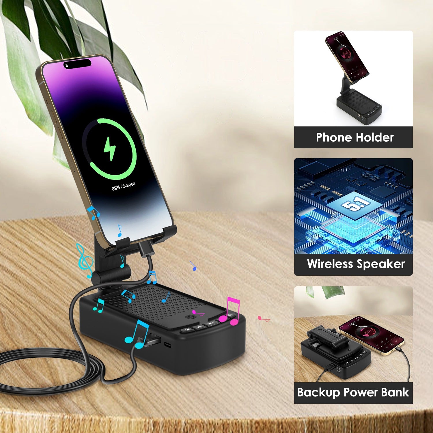 1Pc Cell Phone Stand With HD Surround Wireless Speaker Power Bank Portable Foldable Charging Phone Stand With Anti Slip Base Compatible With Phone Tablet For Home Office Outdoor - 5 - CJ