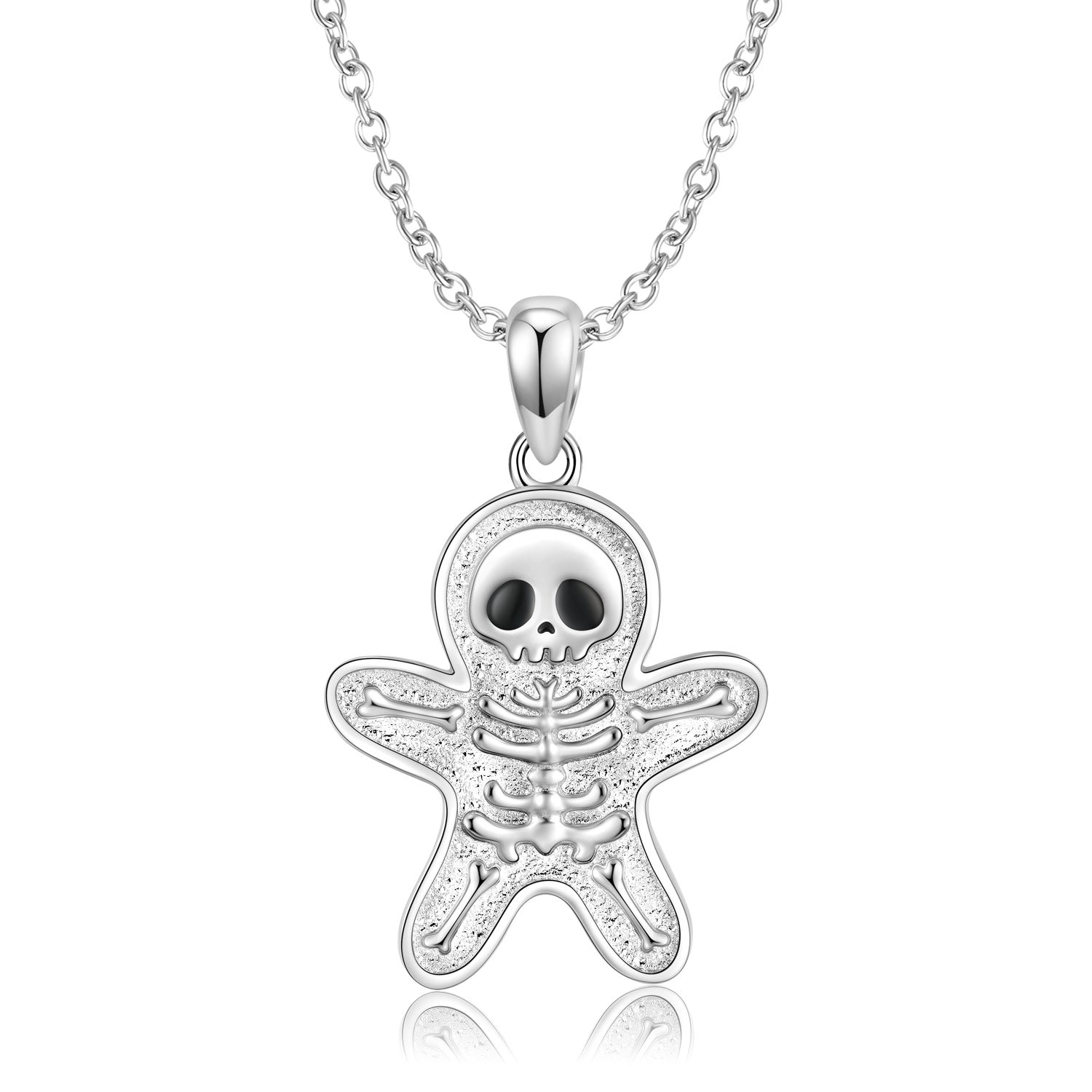 Halloween Skull Gingerbread Man Necklace S925 Sterling Silver Plating Platinum Collar Chain - 4 - CJ