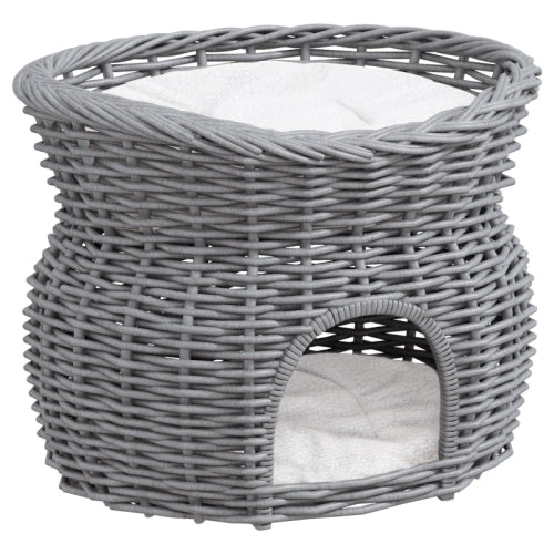 PawHut 2 - Tier Wicker Cat House Elevated Pet Bed Basket Willow Kitten Tower Pet Den. With Washable Cushions 56x37x40cm Grey - 5 - CJ