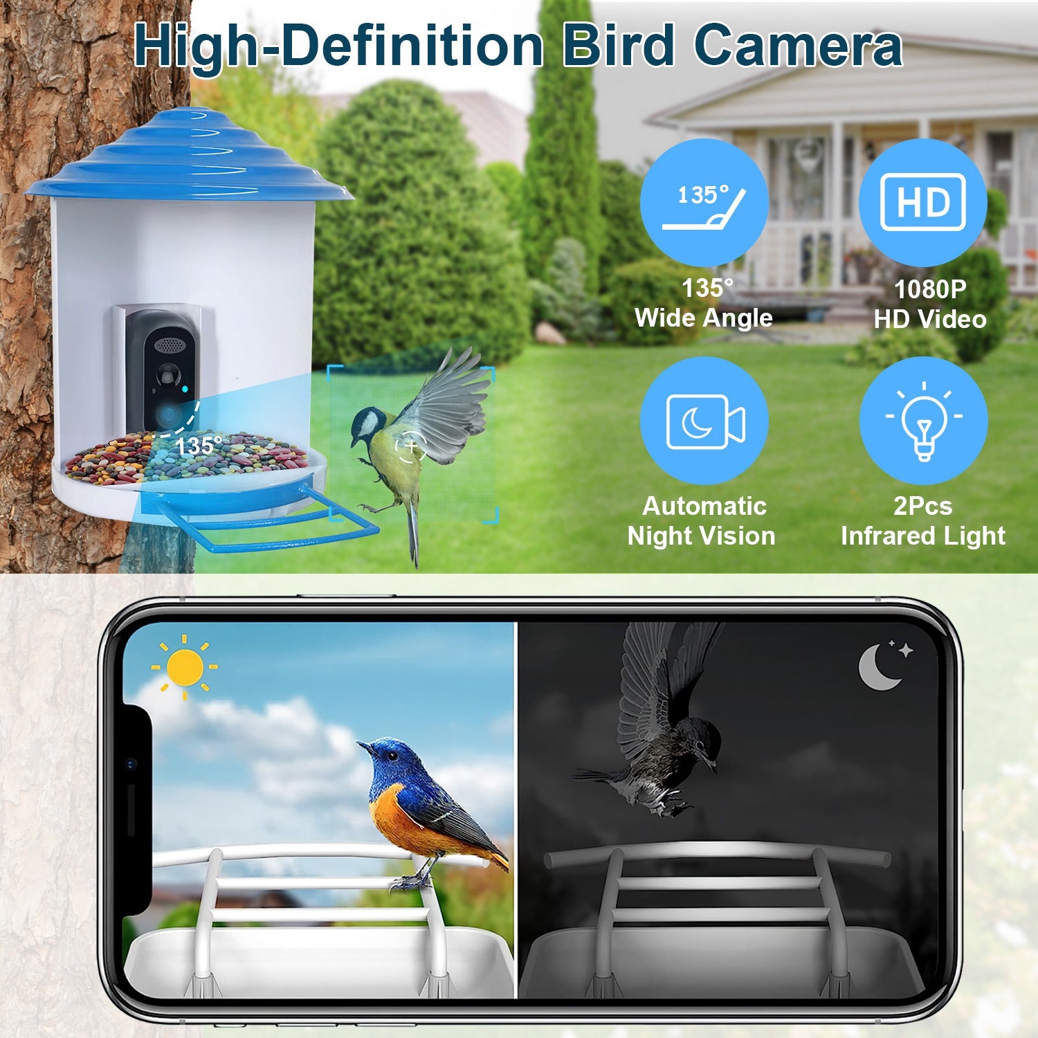 Smart Bird Feeder With Solar Powered Camera 1080P HD AI Identify PIR Motion Auto Capture Video Cloud Card Storage WiFi Connection App Control IP65 Waterproof - 5 - CJ