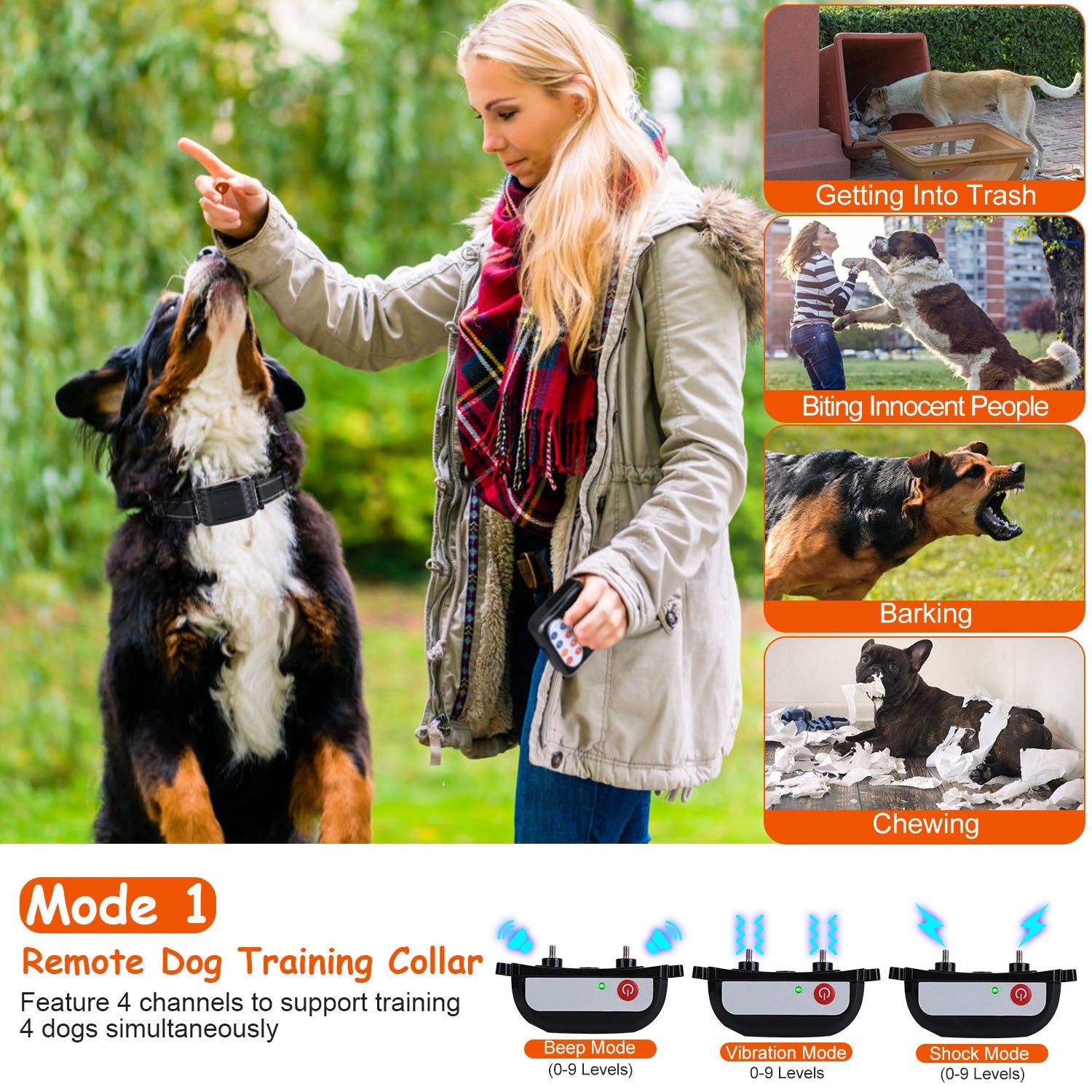 1Set 990FT Range Dog Wireless Fence Remote Training Collar IPX6 Waterproof Receiver With 0 - 9 Levels Beep Vibration Shock Mode 4 Channels Rechargeable Transmitter System - 5 - CJ