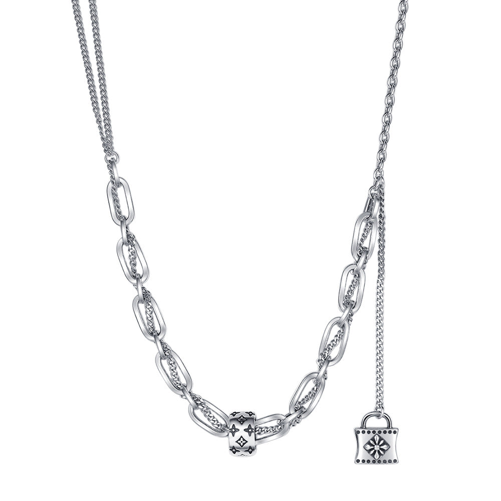 S925 Sterling Silver Print Necklace Women's Retro Style High Class Lock Tassel Chain Rework Double Layer Splice Sweater Chain - 4 - https://x.com/titan_prim62775J