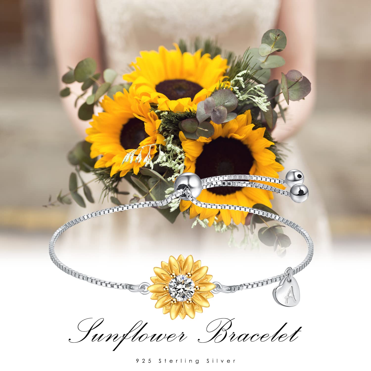 Sunflower Bracelets with Initial A Sterling Silver Sunflower Gifts for Women Girls Sunflower Jewelry - 5 - CJ