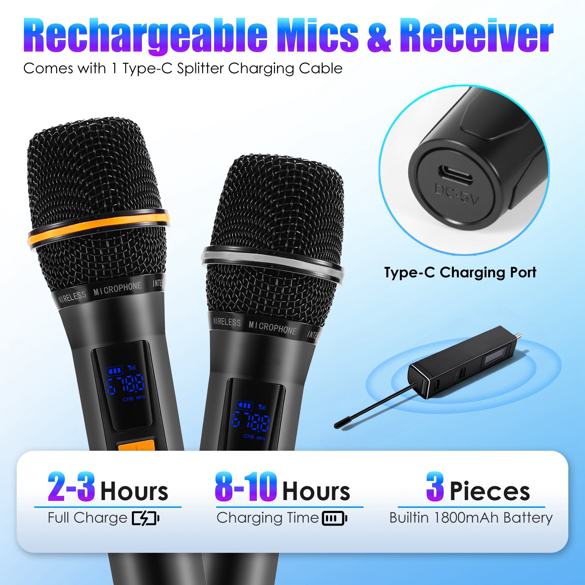 2Pc UHF Wireless Microphones Rechargeable Wireless Microphones Metal Handheld Dynamic Mics With 262FT Range For Karaoke Party DJ Wedding Speech Outdoor Events - 5 - CJ
