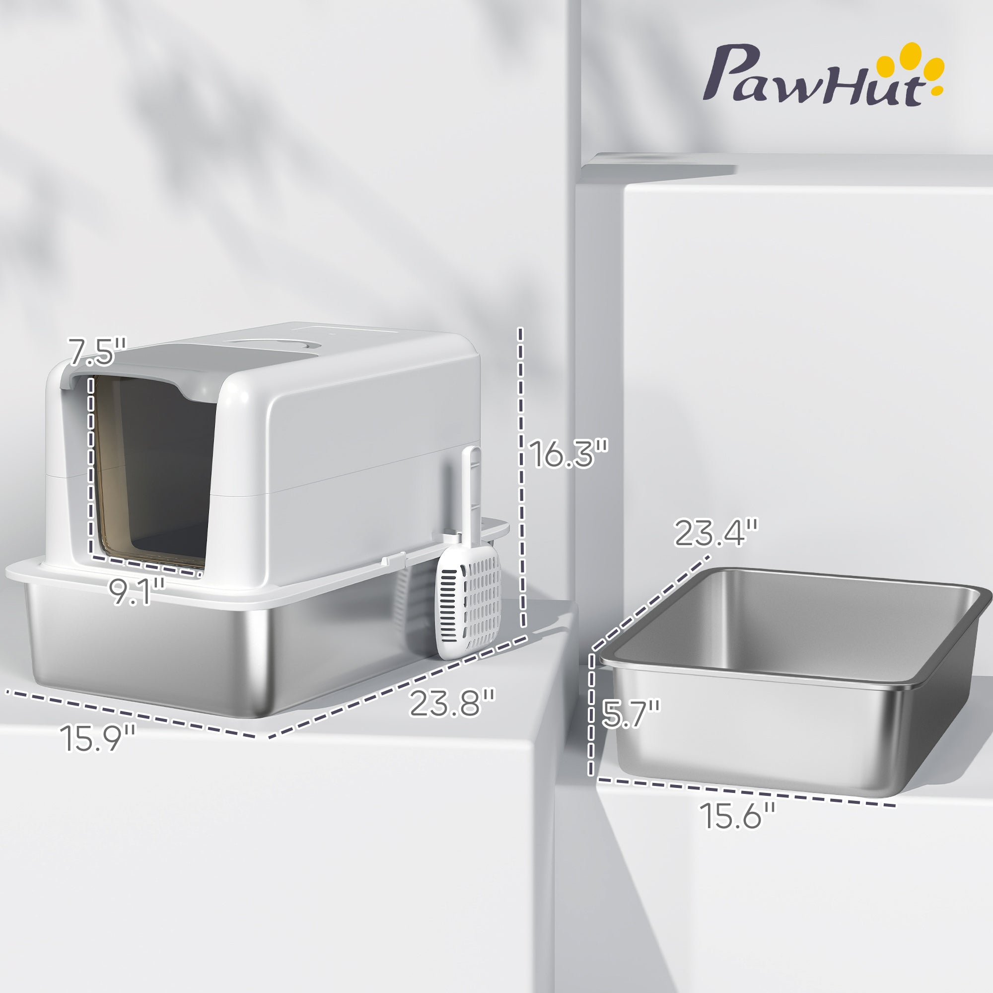 2 in 1 Stainless Steel Cat Litter Box with Removable Lid, Scoop, Filter Bags, for Small to Large Cats, White - 5 - CJ