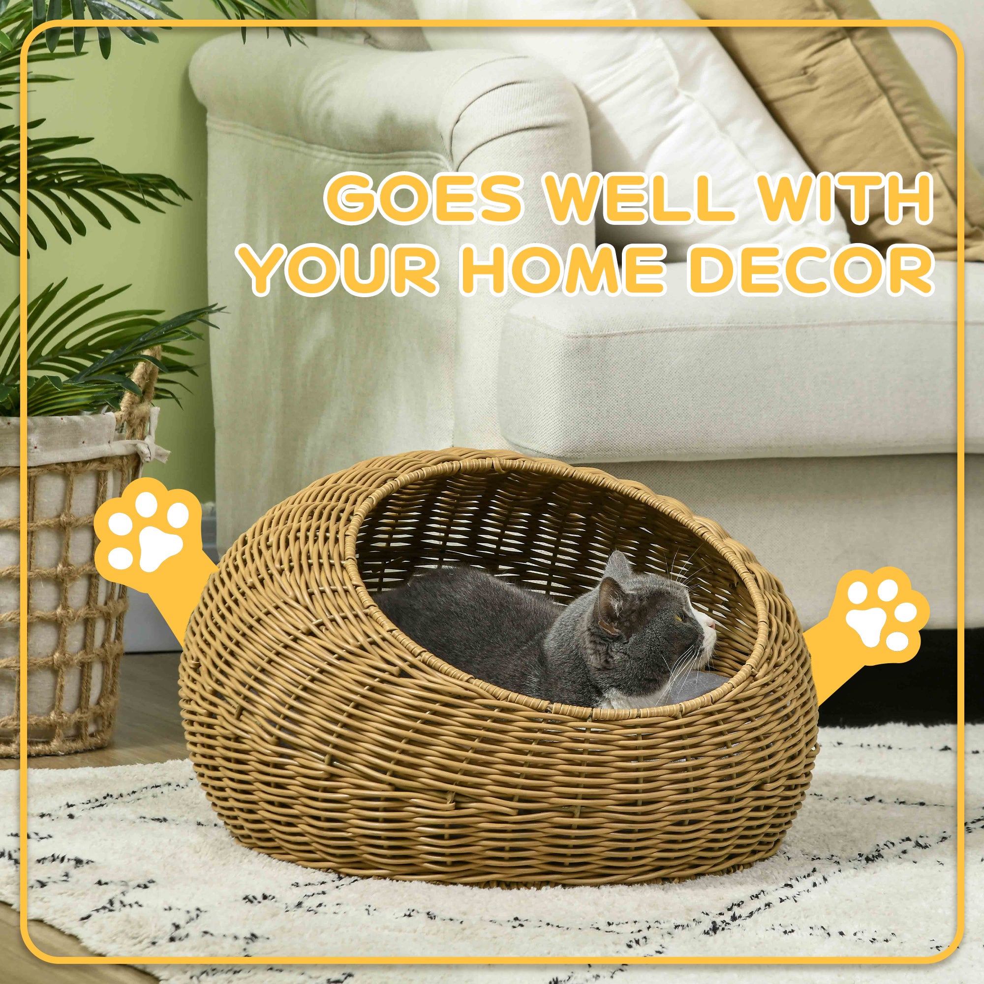 Rattan Cat Bed with Washable Cushion for Cats, Puppies, Light Brown - 5 - CJ