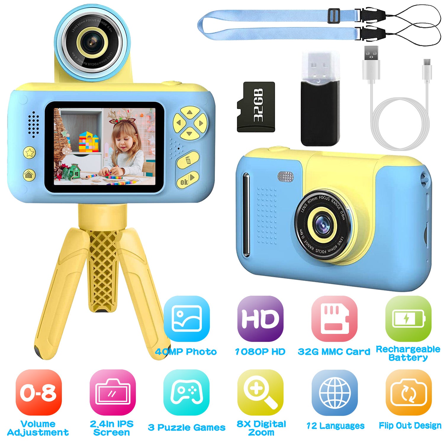1Pc Kids Digital Camera With Flip Lens Children Video Camcorder Christmas Toy Birthday Gifts With Tripod 2.4in Screen 32G MMC Card For 3 - 10 Year Old Boys Girls - 5 - CJ