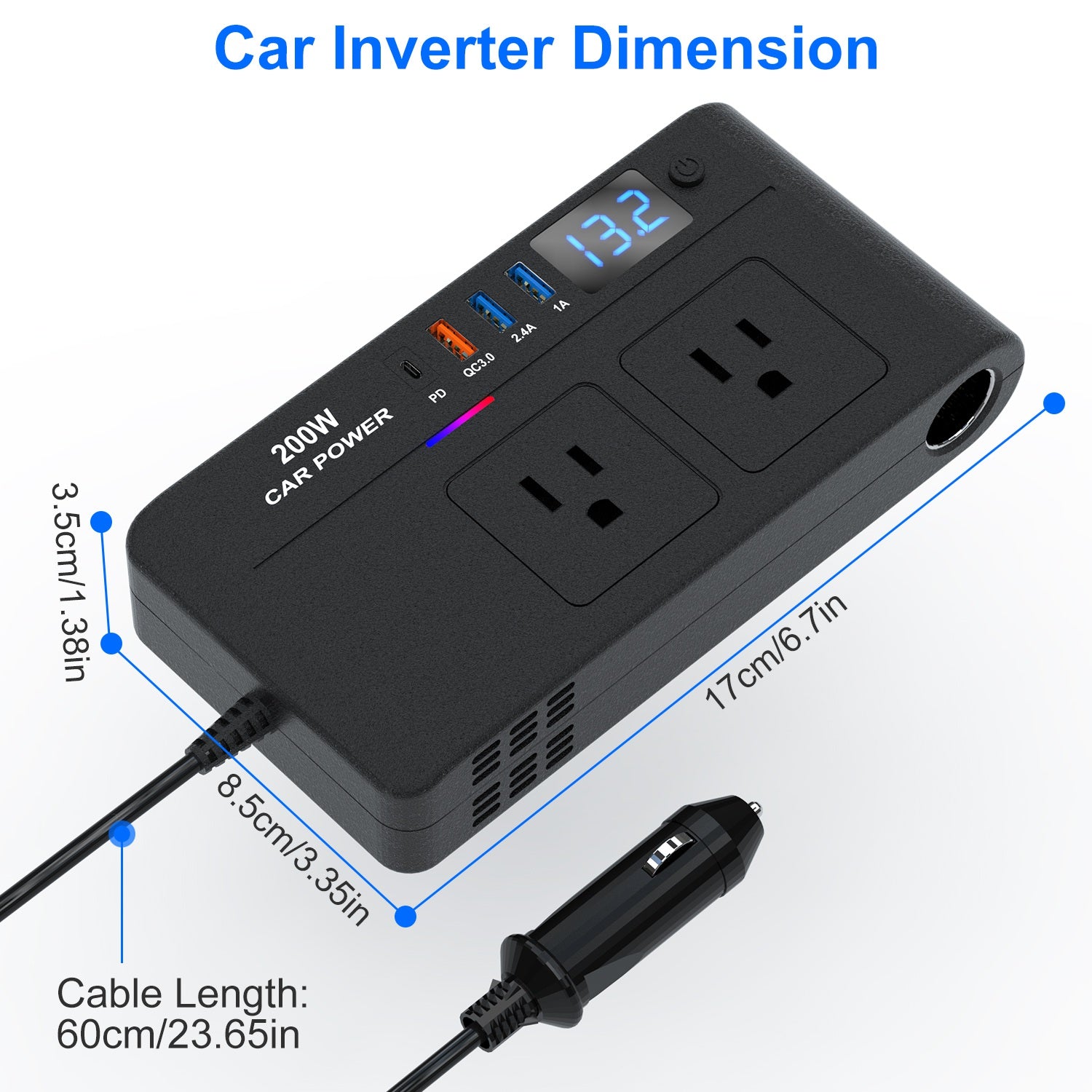 1Pc 200W 12V Car Inverter DC12V To AC110V Vehicle Power Converter With 2 110V AC Outlets 1 TypeC 3 USB Port Quick Charge Overheat Protection Voltage Display For Camping Road Trip - 5 - CJ