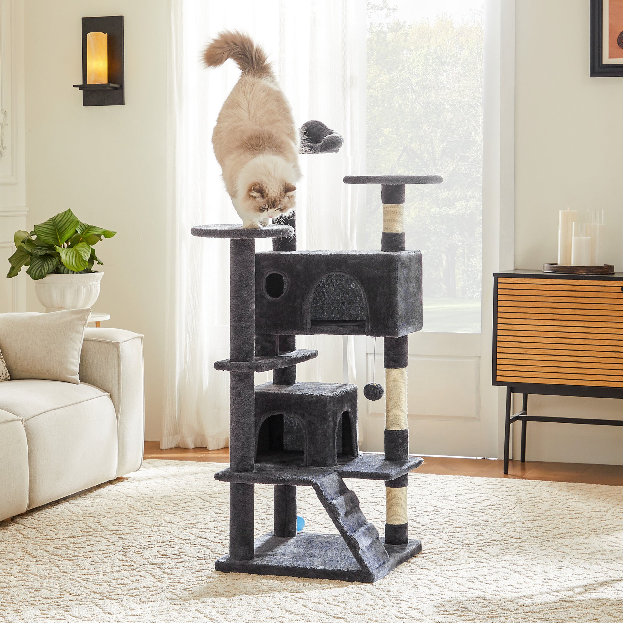 Large Cat Tree Tower, 62 - 70 - 80 Cat Tree Large Cats, Multi Level With Scratching Post, Cozy Cat Jumping Platform Space, Grey - 5 - CJ