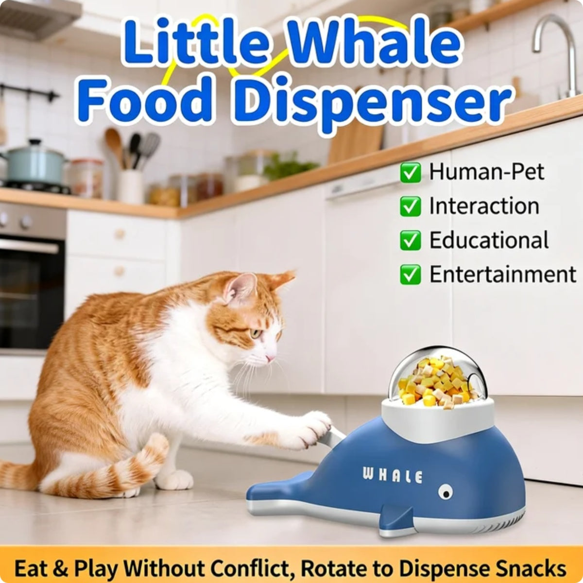 Interactive Treat Dispensing Toy For Cats And Dogs, Whale Shaped Slow Feeder Puzzle With Rotating Mechanism, Food Grade ABS Pet IQ Training Toy With Transparent Window - 5 - CJ