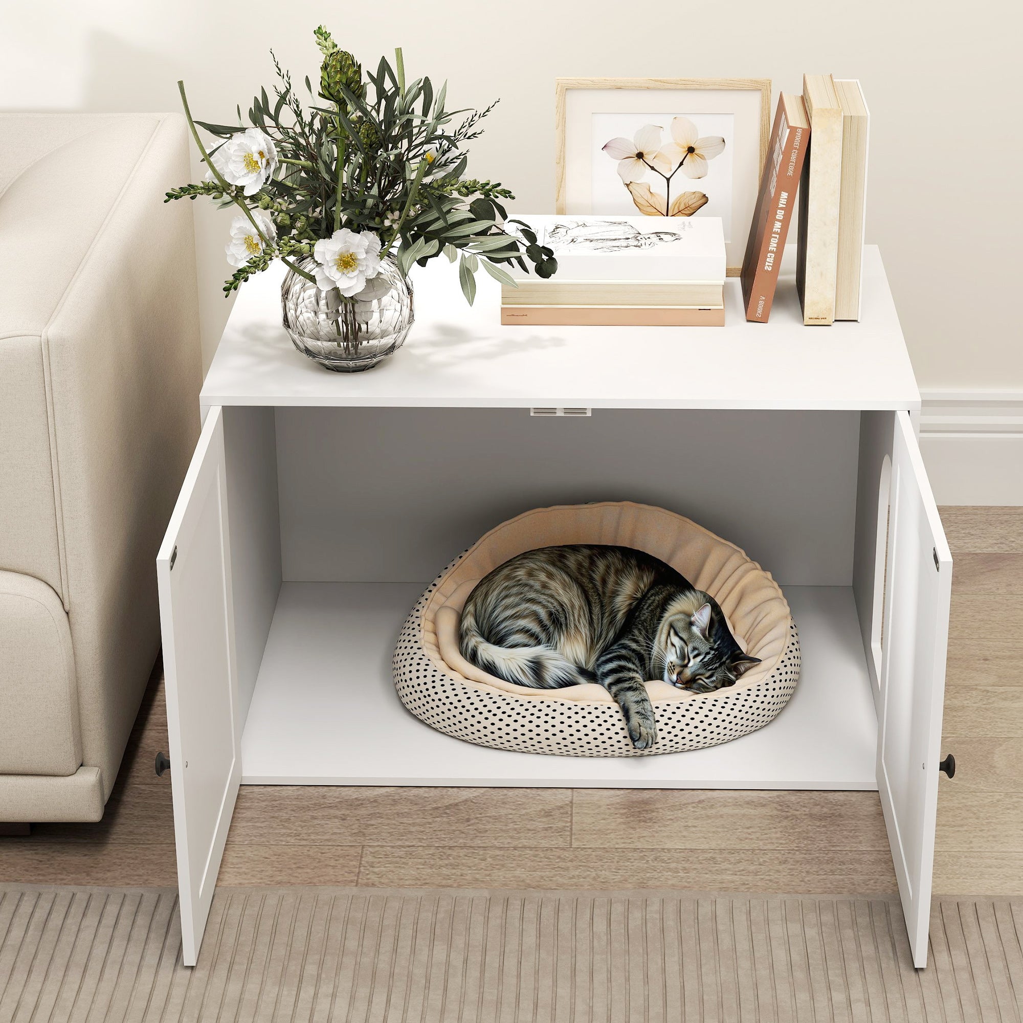 Cat Litter Box Enclosure with Barn Door, Cat Hole, 31.5" x 21" x 20", White - 5 - CJ
