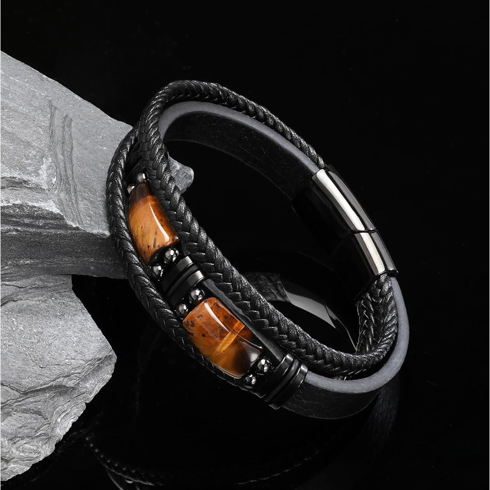 Natural Tiger Eye Stone Bracelet For Men Women - Handmade Leather Braided Healing Bracelet, Courage & Luck Meaning, Birthday Christmas Gift - 5 - cjdropshipping