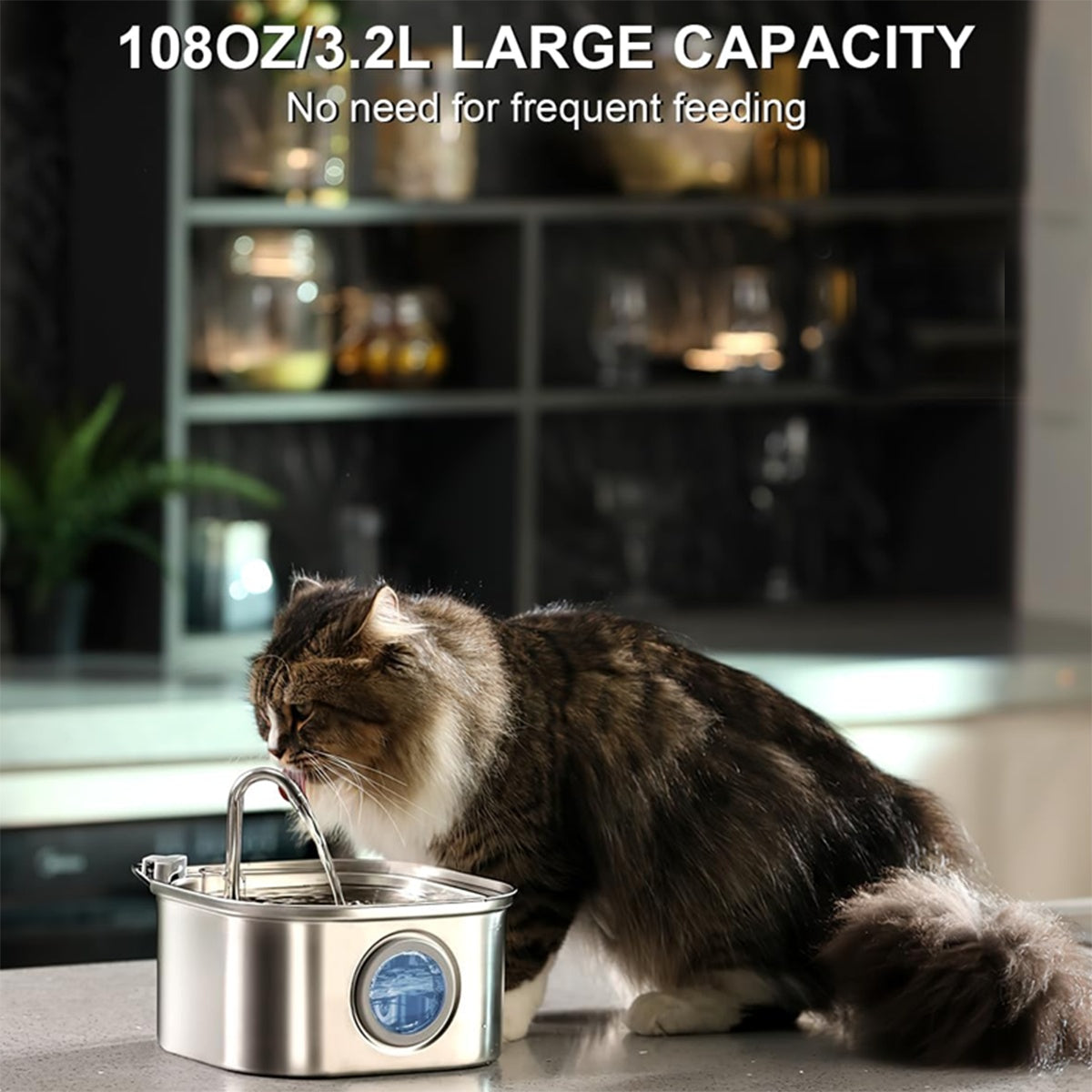 Cat Water Fountain Stainless Steel,108oz 3.2L Cat Fountain For Drinking - Pet Water Fountain Inside - Automatic Dog Watering Dispenser Bowl - Pet Feeding & Watering Supplies - Water Level Window - 5 - CJ