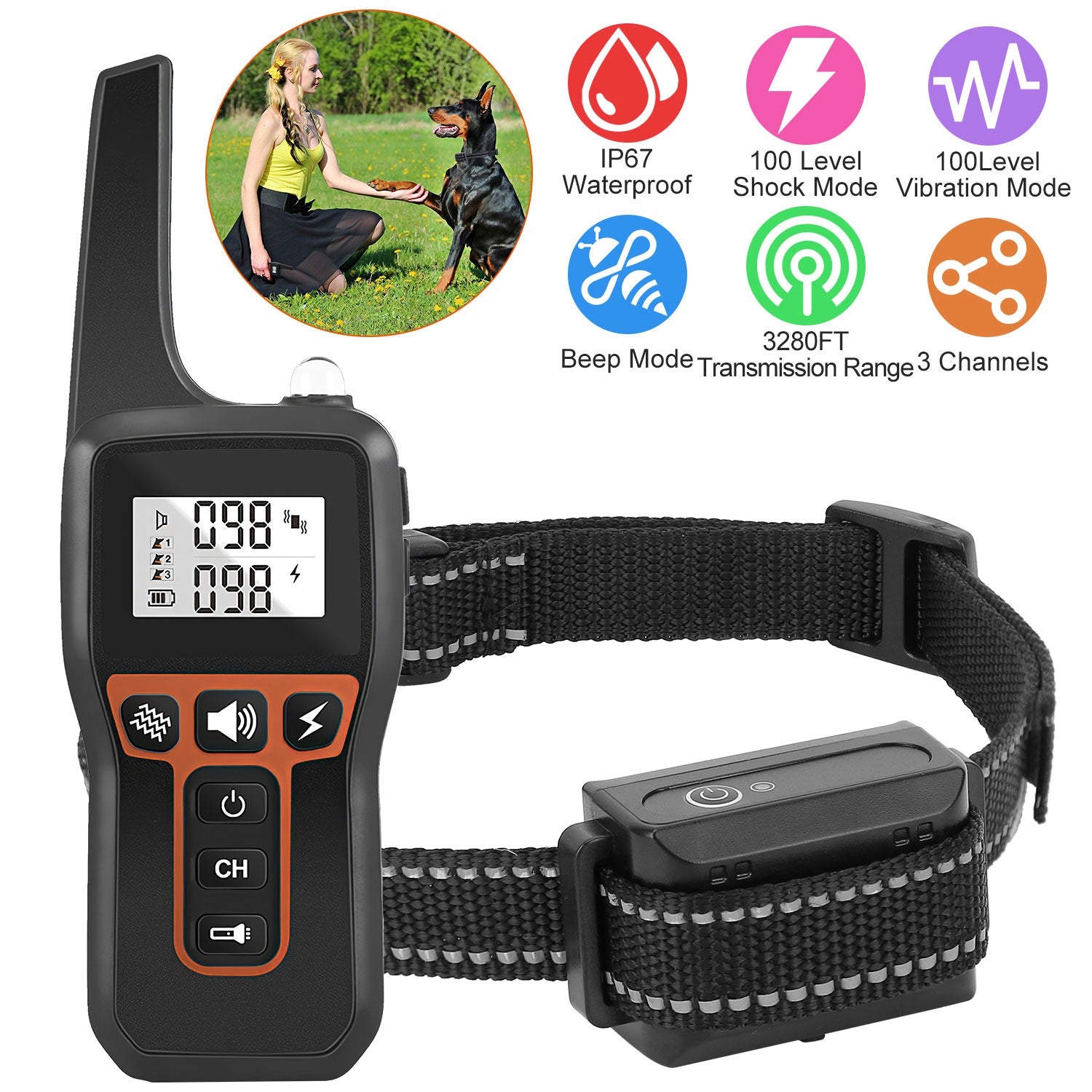 Train Collar OR Receiver Only Options - 3280FT Dog Training Collar IP67 Waterproof Pet Beep Vibration Electric Shock Collar 3 Channels Rechargeable Transmitter Receiver Trainer With Flashlight - 5 - CJ