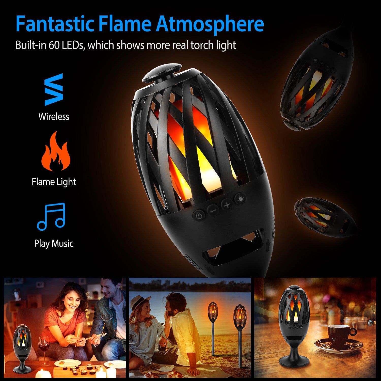 1Pc LED Flame Speakers Torch Wireless Speaker Waterproof Stereo Bass Speaker Outdoor Light - Up Speaker Atmosphere LED Flickers Night Light Patio Stake Lights Lantern For Party Camping - 5 - CJ