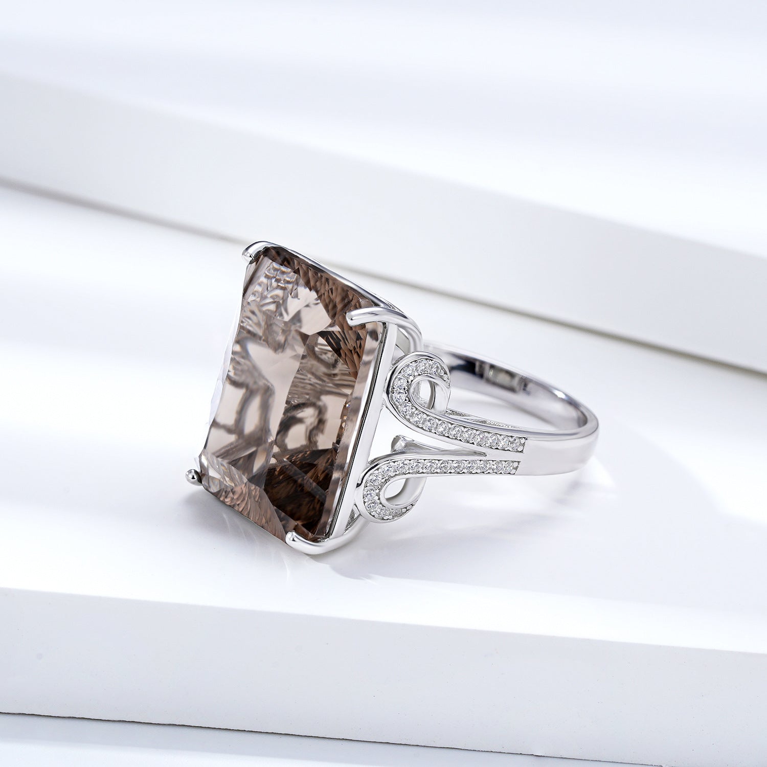 Natural Tea Crystal Ring 925 Silver Set Geometric Square Smoky Crystal Ring - 4 - CJ