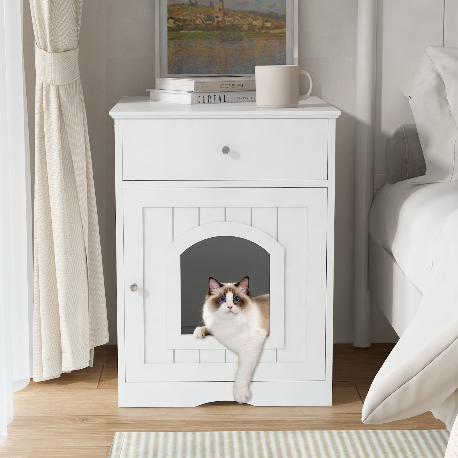 Wooden Pet House Cat Litter Box Enclosure, Side Table, Indoor Crate - 5 - CJ