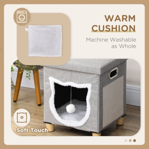 PawHut Cat House Cave, Cat Bed Cube With Scratching Pad, Soft Detachable & Washable Cushion, Toy Ball, For Indoor Kittens, Grey - 5 - CJ