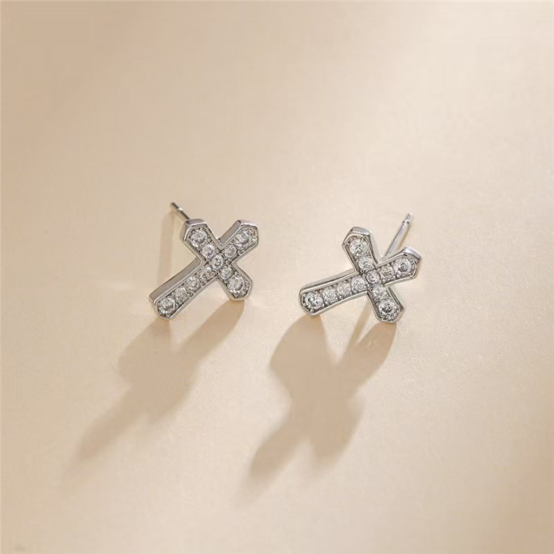 1 Pair Korean Trendy Zircon Cross Stud Earrings,Sparkling, Unisex.Hip Hop Piercing Jewelry - 5 - CJ