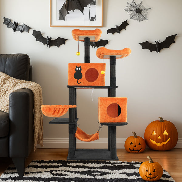 Halloween Cat Tree, Large Cat Tower With 2 Spacious Cat Condos, 2 Padded Perches, 2 Hammocks, Scratching Posts, Hanging Toy, Multi - Level Cat Activities Furniture For Large Cats, Orange & Black - 5 - CJ