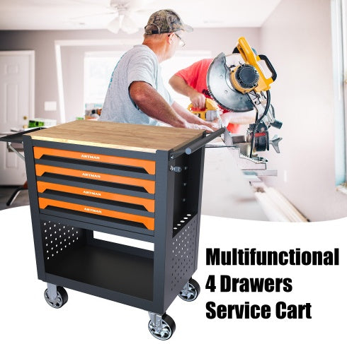 4 DRAWERS MULTIFUNCTIONAL TOOL CART WITH WHEELS AND WOODEN TOP - ORANGE - 5 - cjdropshipping