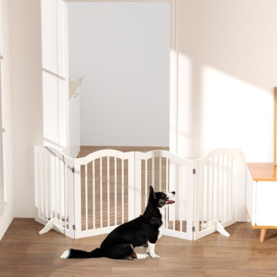 27.6 Height Tall Freestanding Pet Gate, 4 Panels Foldable Dog Gate, Solid Wood Folding Safety Fence Wooden Dog Gate With 2 Pcs Support Feet Ideal For Stairs, Doorways, Halls, Kitchens, Heavy Duty Gat - 5 - CJ