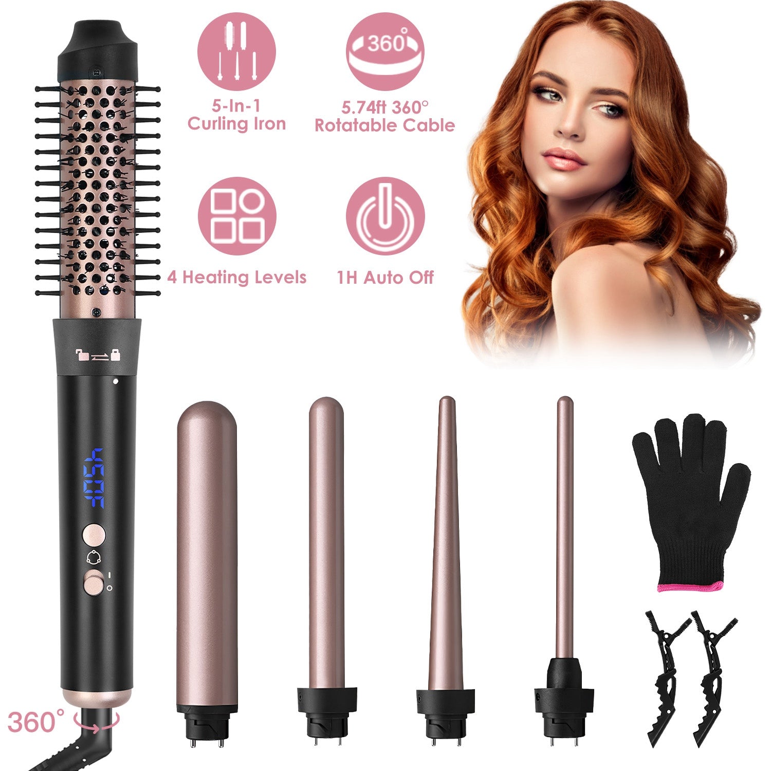 2 Type Options - 1Pc 5 In 1 Curling Wand Hair Curling Iron Brush Anti - Tangle Hair Thermal Brush Curler With 4 Heating Levels 360 Degree Rotatable Cable 5 Interchangeable Barrels 2 Clips 1H Auto Off - 5 - cjdropshipping