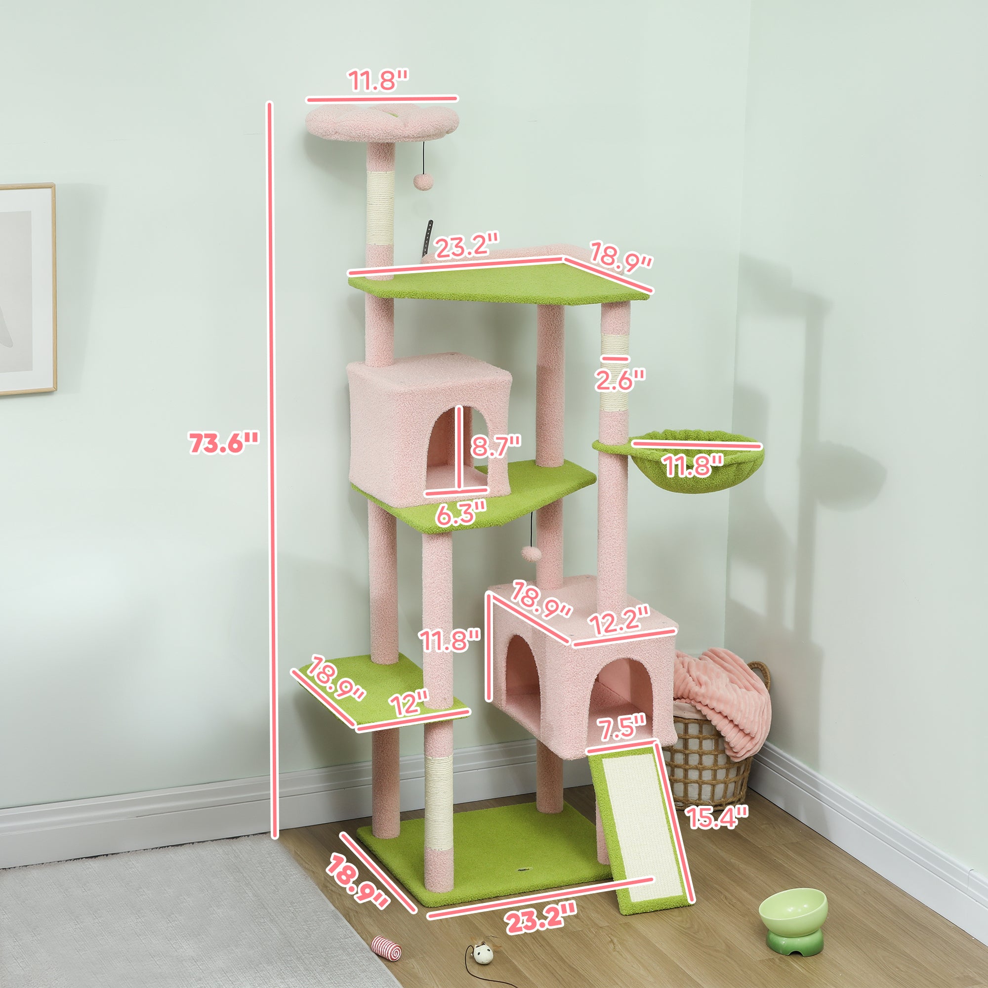 74" Flower Cat Tree, Large Cat Tower with Scratching Post & Board for Indoor Cats, Pink - 5 - CJ