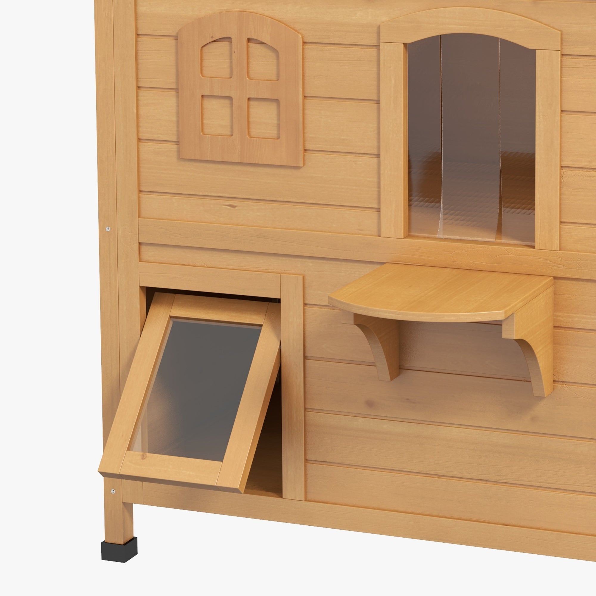 2 - Story Wooden Outdoor Cat House Feral Shelter With Escape Door Asphalt Roof 4 Platforms Natural - 5 - CJ