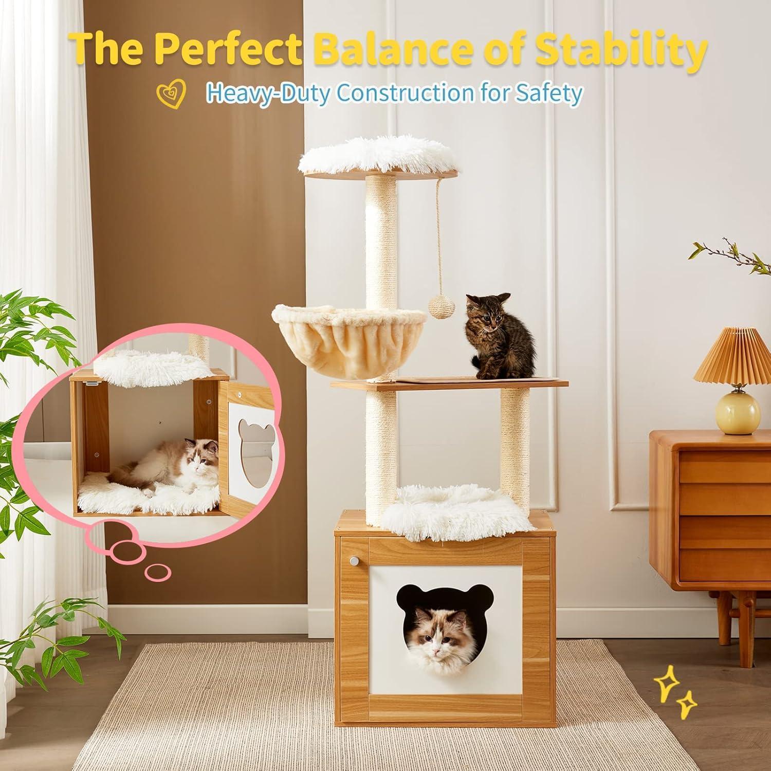 Solid Wood Cat Tree And Tower With Litter Box, Cat Scratching Board And Hammock For Indoor Large Cats - 5 - CJ