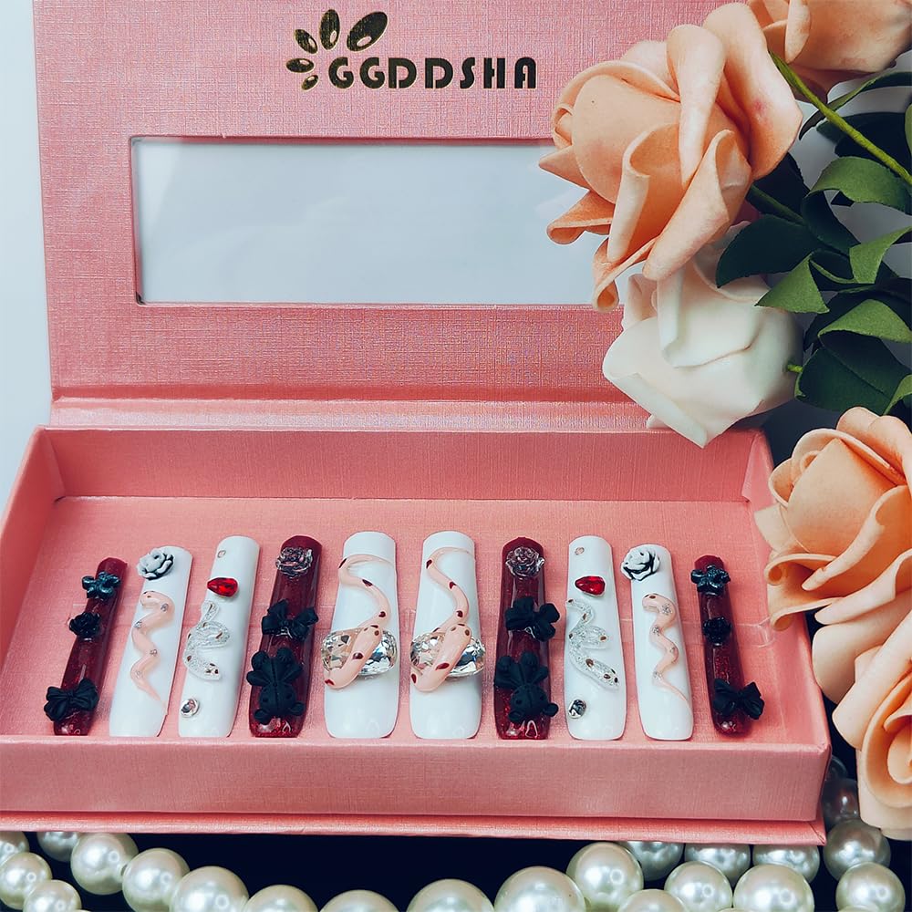 GGddsha Long Handmade PMMA Acrylic Press On Nails WithRhinestone Snake Rose Design, Dark Bear Nails,Reusable Fake Nails W Box, Gift For Women,Scarlet Serpentine - 5 - CJ